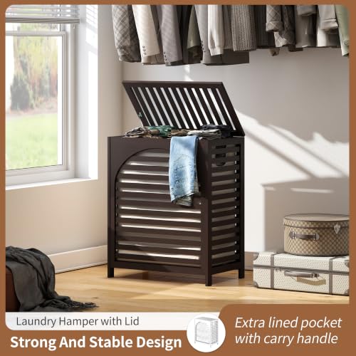 Laundry Hamper with Lid, Bamboo with Handles and Removable Liner Bag, 125L Laundry Basket for Bedroom, Bathroom & Laundry Room (Brown) - color: Brown
