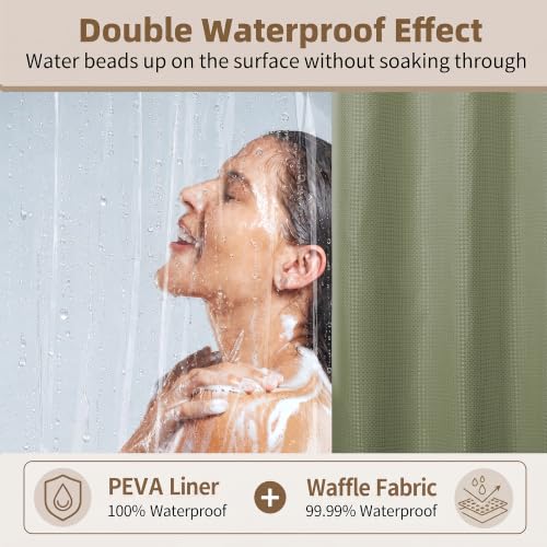 Siiluminisoy Shower Curtain and Liner Set, Waffle Shower Curtain Set with 12 Stainless Steel Hooks, Waterproof Luxury Fabric Shower Curtains for Bathroom and Hotel, Sage Green, 72" W x 72" H - color: Sage Green, size: 72"W x 72"L (Pack of 1)