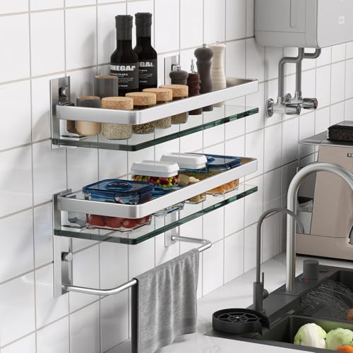 Bathroom Shelves Wall Mounted, Clear Tempered Glass Shelf with Towel Bar, Hand Towel Holder(Matte Silver) - color: Silver, size: Combo Set