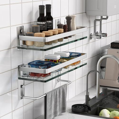 Bathroom Shelves Wall Mounted, Clear Tempered Glass Shelf with Towel Bar, Hand Towel Holder(Matte Silver) - color: Silver, size: Combo Set