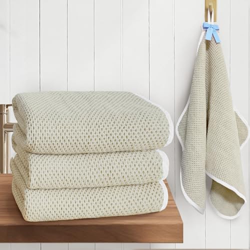 VOOVA & MOVAS Waffle Cotton Hand Towels 4 Pack, 100% Cotton, 28x16 in | Perfect for Bathroom & Guest Daily Use, Built-in Hanging Loop, White Piping, Waffle Weave Fabric