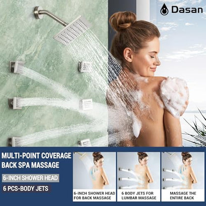Dasan Thermostatic Dual Shower System with 6 Body Jets, 6-Inch Shower & 16” Rainfall Shower, Luxury Brushed Nickel Shower Faucet Set Rain Shower System for Couples/ 2-Person - color: Brushed Nicke