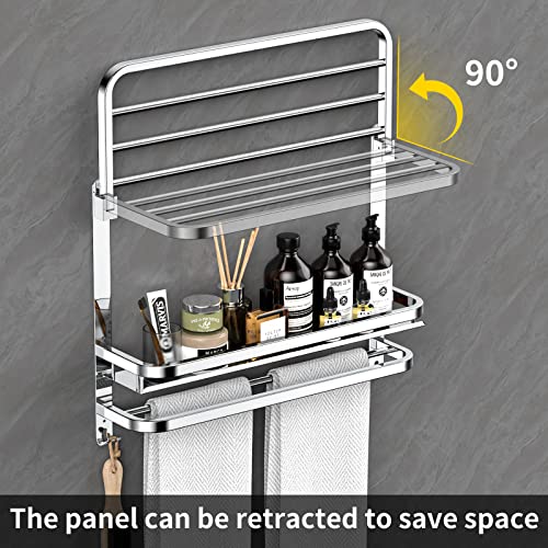 CAXIMSY Towel Rack with Shelf, 22.63" Bathroom Shelf with Double Towel Bars Stainless Steel, Wall Mounted, Foldable Top, 2 Hooks, Adhesive/Screw Install, Space-Saving for Small Bathrooms & Apartments - color: Collapsible Towel Rack With Bathroom Organize