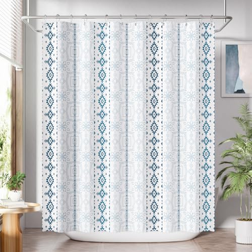 AmazerBath Boho Shower Curtain, 72x72 Washable Cloth Navy and White Shower Curtains for Bathroom, Fabric Rustic Neutral Shower Curtain Set with 12 Hooks, Modern Camper RV Dorm Stall Shower Curtain - color: D- Boho Navy+12 Metal Hooks, size: 72"W x 72"L (P