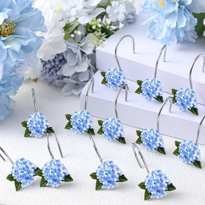 12 Pcs Hydrangea Decorative Shower Curtain Hooks Blue Flower Shower Curtain Rings Hanger Stainless Steel Resin Spring Floral Themed Hooks for Home Bathroom Decor - style: Hydrangea
