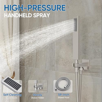 Tub Shower System with 12" Rain Head, Handheld & Valve Kit | All-Metal Tub Shower Faucet Set, Wall Mounted Rain Showerhead, Handheld Spray, Includes Valve and Trim Kit, Brushed Nickel - color: Brushed Nickel 12