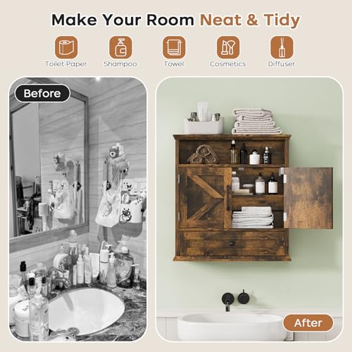 Bathroom Wall Cabinet, Wall Mounted Medicine Cabinet 24.4"H x 23.6"W x 9"D | With Drawer, Barn Doors & Adjustable Shelf, Rustic Brown Over Toilet Farmhouse Cabinet for Kitchen, Laundry Room, Entryway - color: Rustic Brown