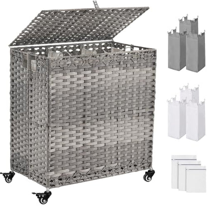 Laundry Hamper with Wheels&Lid, 50.2 Gallons(190L) Rolling Laundry Basket with Wheels, 3-Section Laundry Hamper, Handwoven Rattan Clothes Hamper with 6 Removable Liner& 3 Mesh Laundry Bags, Grey - color: Grey