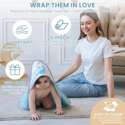 Softan Baby Hooded Towels and Washcloths Set 6 Pack, 28x28 Ultra Soft & Absorbent Baby Bath Towels for Newborn Infant Toddler, Unisex Boys Girls (Blue Dionsaur) - color: Blue Dionsaur