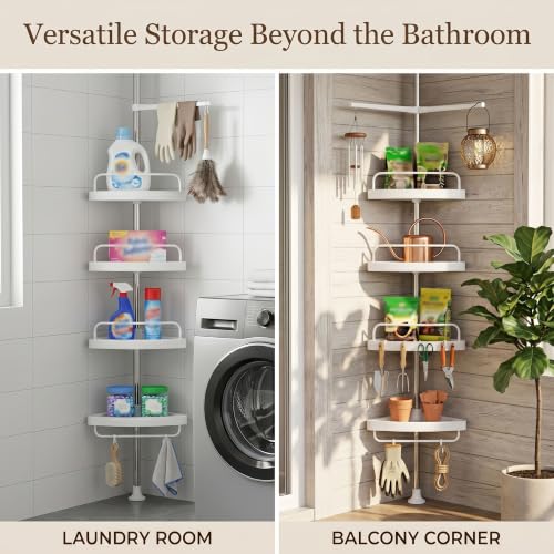 Corner Shower Caddy Tension Pole: 4-Tier Large Capacity Bathroom Organizer Shelf with Towel Bar - Rustproof No-Drill Adjustable, Home Bathtub Stand Rack, White