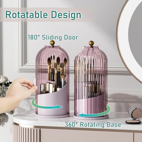 GAXmi Makeup Brush Holder with Lid Rotating Cosmetic Organizer, Pink-Purple | 360 Rotation, Waterproof, Dustproof, Moistureproof - color: Pink-Purple