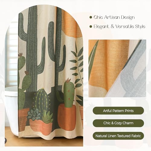 Potted Plant Linen Boho Shower Curtain Set with Liner,72" Wx72 L | Double Layer Shower Curtain Waterproof Fabric with Zippered Removable PEVA Liner,Boho Shower Curtain for Bathroom,Free Hooks - color: Cactus