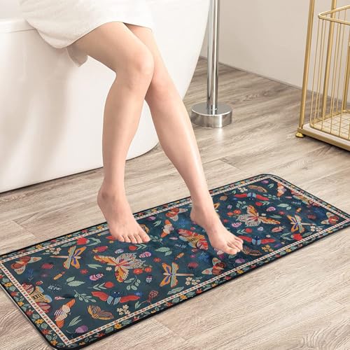 BBSET Boho Gothic Moth Bath Rug Runner 47 * 16inch Butterfly Plant Floral Bathroom Mat Non Slip Absorbent Cute Leaves Bathroom Mats (Butterfly) - color: Butterfly