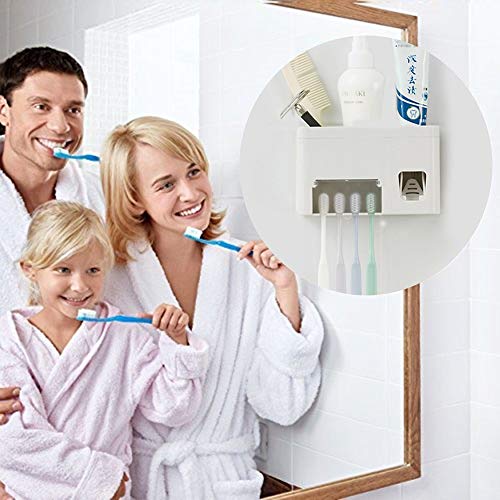 Toothpaste Dispenser Toothbrush Holder Set, Toothpaste Squeezer Tooth Brush Holder Set Holder with Anti-dust Cover, 3-in-1 Wall Mounted Holders with 1 Storage Grids Bathroom Accessories
