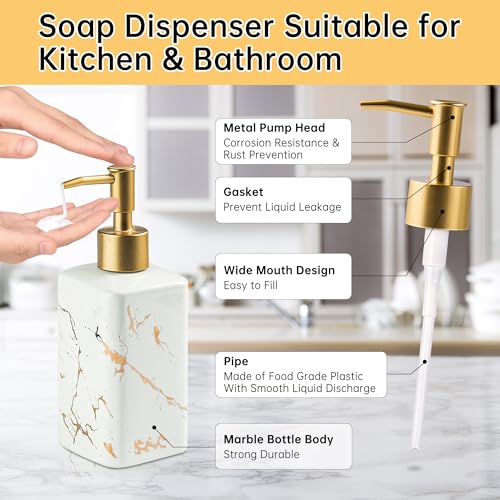 Gold Soap Dispenser for Bathroom Countertop, Square White Dish Soap Dispenser Pump Bottle with Golden Stripes for Kitchen Sink Laundry Shower Lotion, Ceramic Hand Pump for Soap Liquid - color: White