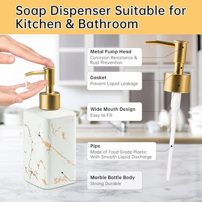 Gold Soap Dispenser for Bathroom Countertop, Square White Dish Soap Dispenser Pump Bottle with Golden Stripes for Kitchen Sink Laundry Shower Lotion, Ceramic Hand Pump for Soap Liquid - color: White