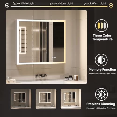 VINGLI Lighted Medicine Cabinet with Mirror Bathroom Mirror Medicine Cabinet Wall Mounted with Storage LED Lights Charging Station Defogger Modern Bathroom Mirrors for over Sink with Storage (32"*28") - size: 5.9"D x 31.5"W x 27.58"H