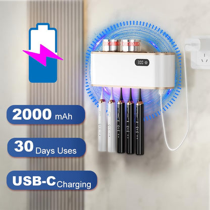 UV Toothbrush Sanitizer Holder for 4 | Wall Mounted Toothbrush Holder for Bathroom with Fan Drying | USB Rechargeable Toothbrush Cleaner & Sterilizer, No Drill Install, Modern Design (White) - color: White