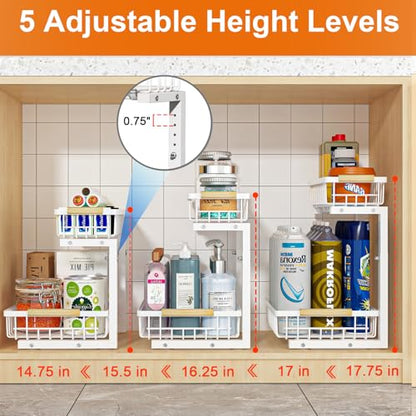 Under Sink Organizer, Height Adjustable Under Sink Organizers and Storage, 2 Tier Pull Out Drawer Cabinet Storage for Kitchen Bathroom, 1 Pack, White | cabinet organizer, 5 level adjustable, quiet sliding rails, dual suction and nano tape, no drill, rust