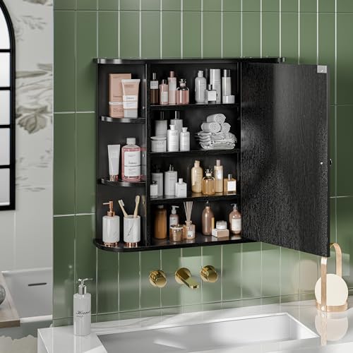 Bathroom Mirror Cabinet Wall Mounted, Bathroom Medicine Cabinet with Mirror and 6 Open Shelves, Modern Wall Cabinet, Black - color: Black