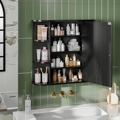 Bathroom Mirror Cabinet Wall Mounted, Bathroom Medicine Cabinet with Mirror and 6 Open Shelves, Modern Wall Cabinet, Black - color: Black