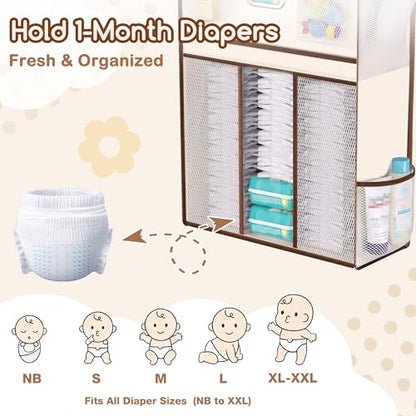 Baby Nursery Over The Door Organizer, 10 Pocket Hanging Storage | Removable Diaper Caddy & 3 Sturdy Hooks, 55LBS Capacity Baby Essentials Holder for Bathroom Bedroom Closet, Beige