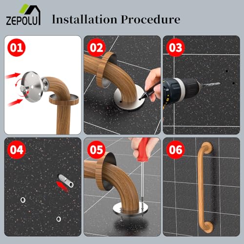 Wood Grain Shower Grab Bar 16 Inch, Grab Bar for Bathtub and Shower | Stainless Steel, Wall Mount wooden grab bar, Bathroom Handrail, Balanced Support Assist Handle for Elderly Senior Handicap