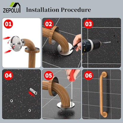 Wood Grain Shower Grab Bar 16 Inch, Grab Bar for Bathtub and Shower | Stainless Steel, Wall Mount wooden grab bar, Bathroom Handrail, Balanced Support Assist Handle for Elderly Senior Handicap