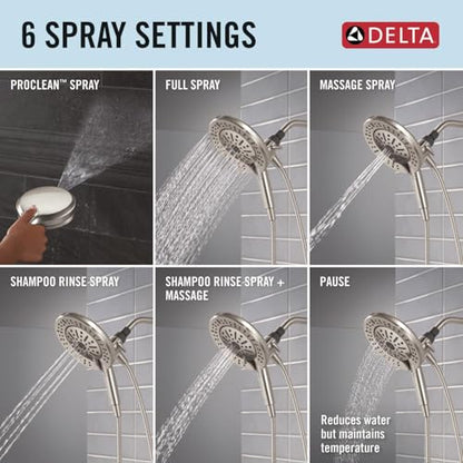 Delta 6-Setting In2ition 2-in-1 Dual Shower Head with Handheld High Pressure ProClean Spray, Brushed Nickel Detachable Shower Head with Hose, 1.75 GPM Flow Rate, Satin Nickel 75655SN - color: Spotshield Brushed Nickel