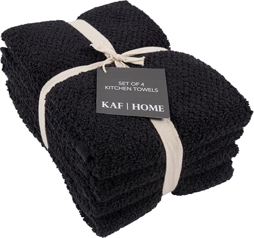 KAF Home Set of 4 Deluxe Popcorn Terry Kitchen Towels | 20 x 30 Inches | 100% Cotton Kitchen Dish Towels (Black) - color: Black