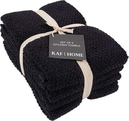 KAF Home Set of 4 Deluxe Popcorn Terry Kitchen Towels | 20 x 30 Inches | 100% Cotton Kitchen Dish Towels (Black) - color: Black