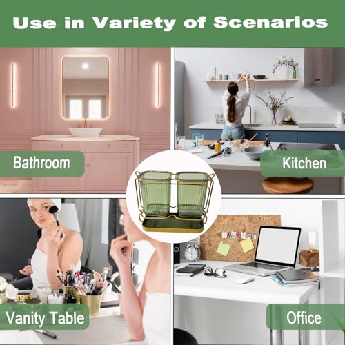 Green Toothbrush Holders for Bathrooms, 2 Cups Toothbrush Holders Wall Mounted, Bathroom Organizers and Storage, Bathroom Toothbrush Holder Set for Toothpaste Razors Toothbrush