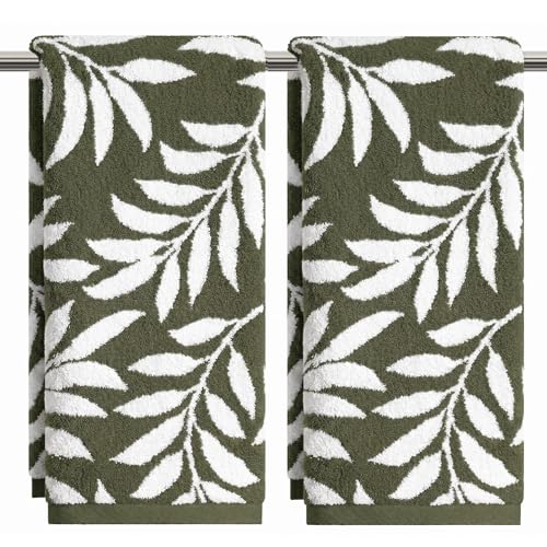 Artoid Mode 2 Pcs Beige Olive Green Leaves Jacquard Hand Towels for Bathroom, 100% Cotton Soft Absorbent Bathroom Decor Towels, 13.7 x 29.5 Inch - color: Beige/Olive Green, size: 13.7" x 29.5", 2PCS