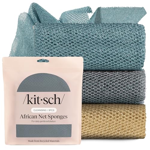 Kitsch African Net Sponge – Exfoliating Body Scrubber – Aqua Grey, 3 Pcs | for Cleansing & Gentle Daily Exfoliation – Stretchable Bath Sponge for Hard-to-Reach Areas – Long-Lasting Shower Essential - color: Aqua Grey