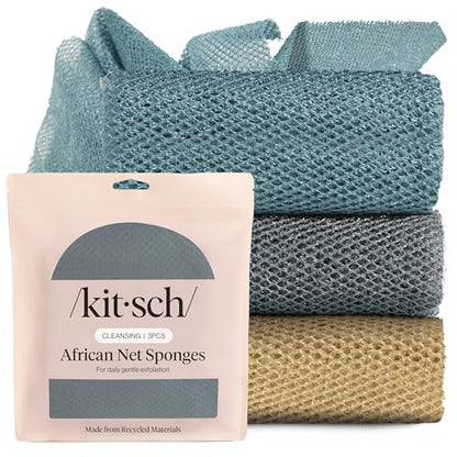 Kitsch African Net Sponge – Exfoliating Body Scrubber – Aqua Grey, 3 Pcs | for Cleansing & Gentle Daily Exfoliation – Stretchable Bath Sponge for Hard-to-Reach Areas – Long-Lasting Shower Essential - color: Aqua Grey