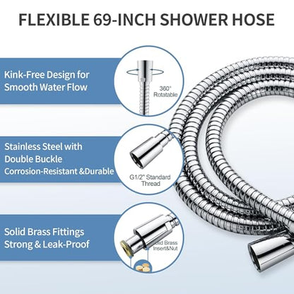 BRIGHT SHOWERS Stainless Steel Grab Bar Set – Includes Handheld Shower Head with Extra Long Hose, Shower Head and Hose Chrome Plated - color: chrome plated