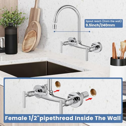 Airuida 8 Inch Center Chrome Polish Wall Mounted Kitchen Sink Faucet | 360° Degree Swivel Spout,Double Handle,Wall Mount Utility Sink Faucet - color: Chrome Polish