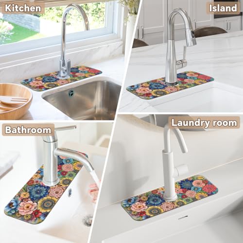 Kitchen Sink Splash Guard Faucet Mat Boho Flowers 2PCS Super Absorbent Fast Drying Faucet Guard & Draining Mat Sink Splash Guard Behind Faucet Drip Catcher for Kitchen Bathroom RV (15.4" X 5.7" ) - size: 15.4" X 5.7"-2PCS
