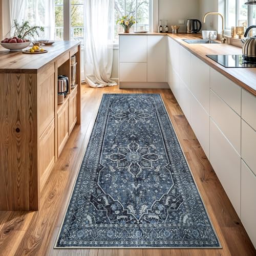 Bloom Rugs Caria Washable Non-Slip 7 ft Runner - Blue/Charcoal Traditional Runner for Entryway, Hallway, Bathroom, and Kitchen - Exact Size: 2'6" x 7' - color: Blue / Charcoal, size: 2'6" x 7' (Runner)