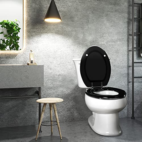 Angel Shield Toilet Seat with Zinc Alloy Hinges Quiet-Close Quick-Release Wood Molded UV Lid Easy Clean(Elongated,Black) | Soft Close Quick Release Metal Hinges, Adjustable Fit for Standard Elongated Toilets, Easy Install&Clean(Black) - color: Black, size