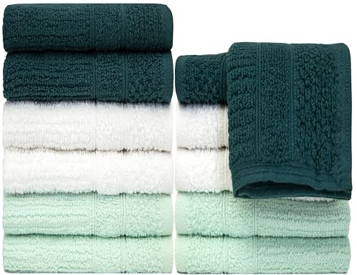 PH Pleasant Home Ribbed Wash Cloths Set - 12 Pack (12” x 12”) – 509 GSM - 100% Ring Spun Cotton Wash Cloth - Super Soft and Highly Absorbent Face Towels (Green, White, Mint) - color: Green, White & Mint, style: Ribbed