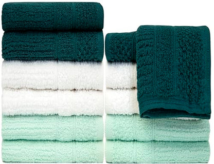 PH Pleasant Home Ribbed Wash Cloths Set - 12 Pack (12” x 12”) – 509 GSM - 100% Ring Spun Cotton Wash Cloth - Super Soft and Highly Absorbent Face Towels (Green, White, Mint) - color: Green, White & Mint, style: Ribbed