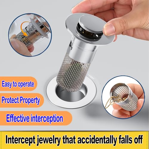 Bathroom Sink Drain Strainer, Pop-up Sink Stopper Hair Catcher with Removable Stainless Steel Filter Basket,Universal Drain Plug Filter Replacement for Bathroom Shower Sink Stopper(2Pcs)