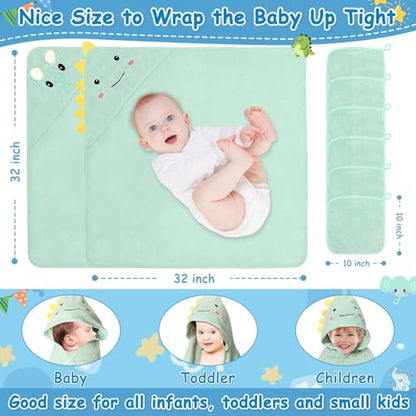 8 Pcs Baby Towel and Washcloths Set, Soft Baby Towels(Elephant & Dinosaur) | 2Pcs 32x32 in Cute Hooded Baby Towels & 6Pcs Baby Washcloths for Infant, Toddler and Kid, Baby Bath Essentials for Boy & Girl - color: Green Elephant & Dinosaur-8pcs