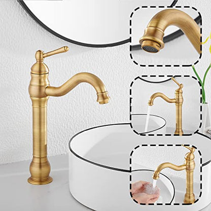 360° Swivel Antique Brass Bathroom Vessel Sink Faucet Single Handle One Hole Matching with Pop Up Drain - color: Antique Brass, size: Vessel