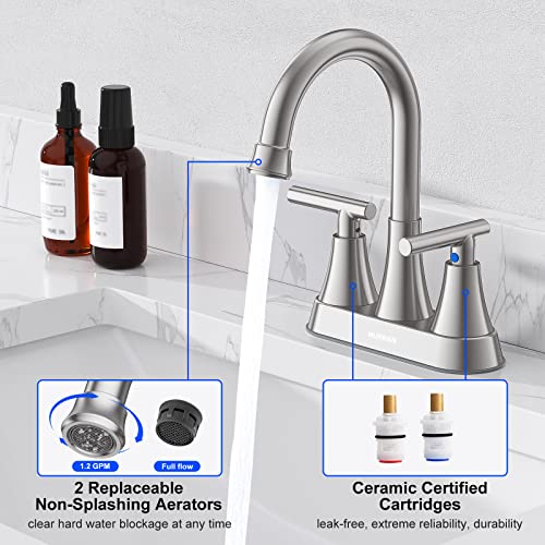 Bathroom Faucet, Hurran 4 inch Centerset 2-Handle Lead-Free, Brushed Nickel | Bathroom Sink Faucet with Pop-up Drain and Supply Lines, Stainless Steel Faucet for Vanity RV Restroom Laundry Outdoor Sink - color: Brushed Nickel