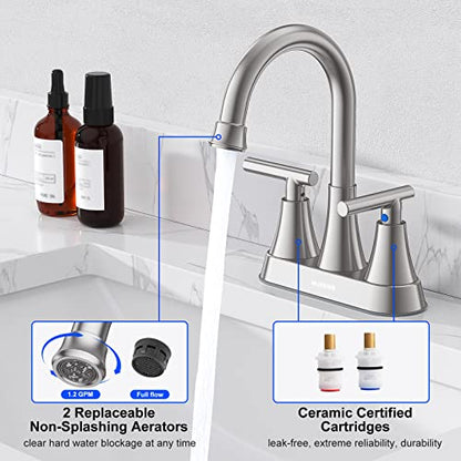 Bathroom Faucet, Hurran 4 inch Centerset 2-Handle Lead-Free, Brushed Nickel | Bathroom Sink Faucet with Pop-up Drain and Supply Lines, Stainless Steel Faucet for Vanity RV Restroom Laundry Outdoor Sink - color: Brushed Nickel