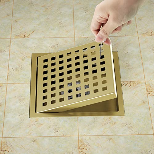 EXF Square Shower Drain Brushed Gold 6-Inch with ABS Flange, Hair Catcher | 304 Stainless Steel, Removable Grid Grate, Anti-Clog, Anti-Rust, Easy Clean, Adjustable Height - color: Gold, size: 6IN