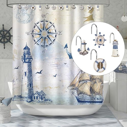 Sunlit Nautical Shower Curtain Hooks, Home Decorative Coastal Shower Curtain Rings for Bathroom, Resin, Ocean Shower Curtain Hanger Hooks for Living Room, Set of 12, Blue Nautical Set - size: Nautical Set