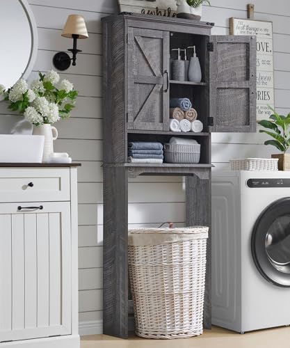 67" Farmhouse Over The Toilet Storage Bathroom Cabinet, Grey Wash | Double Barn Doors, Adjustable Shelf, Open Cubby, Weathered Finish - color: Grey Wash